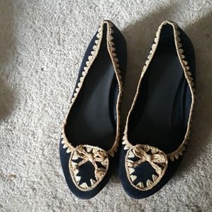 Tory Burch Natasha Leather Raffia Trim Flats 9.5